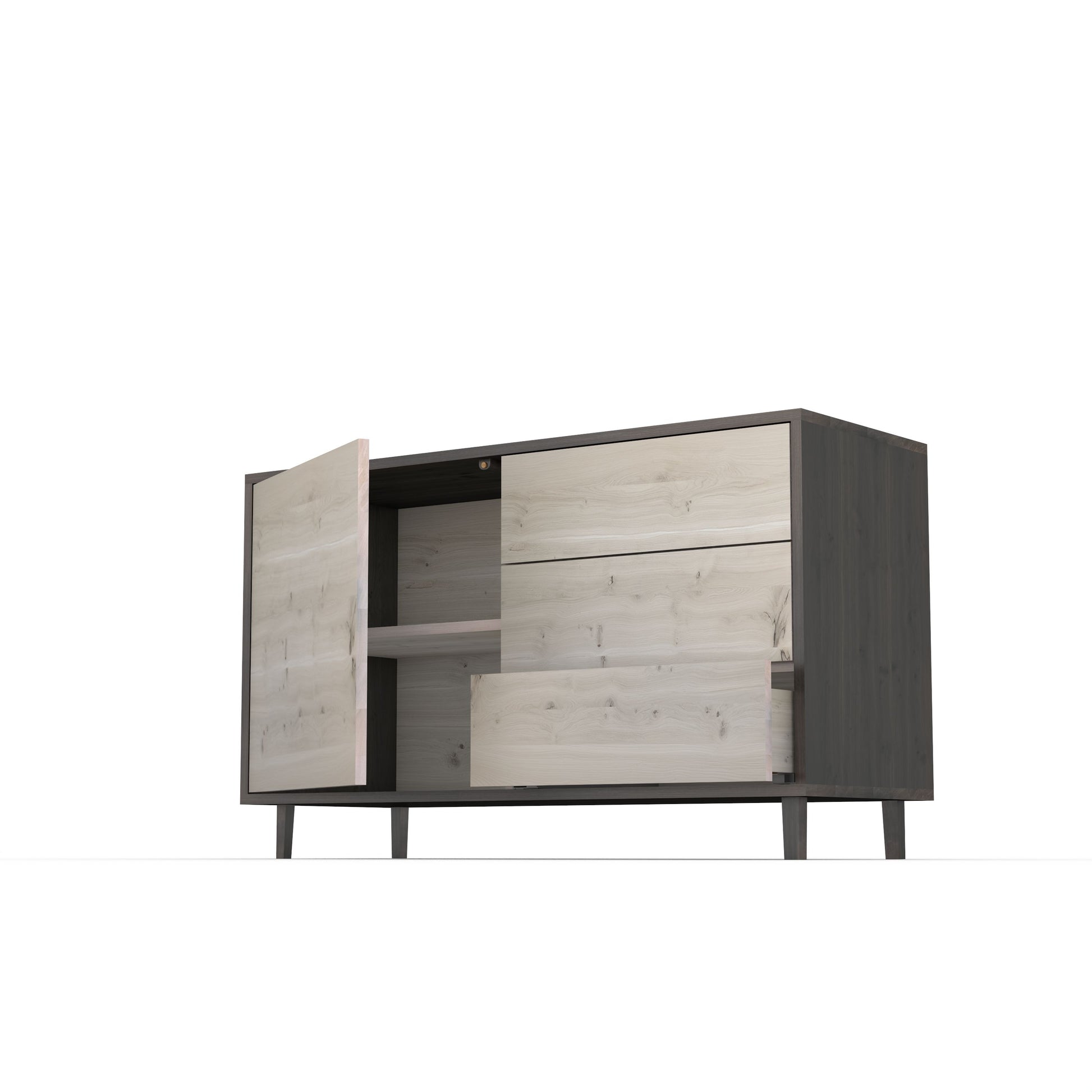 Rustikales Eichen-Sideboard "schmale Fuge" von Wildwuchs-Möbel, schwarz/weiß geölt, 120cm breit, mit eleganter schmaler Fuge.