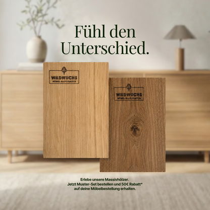 Rustikaler Esstisch aus natürlicher geölter Eiche mit schlankem Holzbein, Wildwuchs-Möbel, elegante Esszimmermöbel