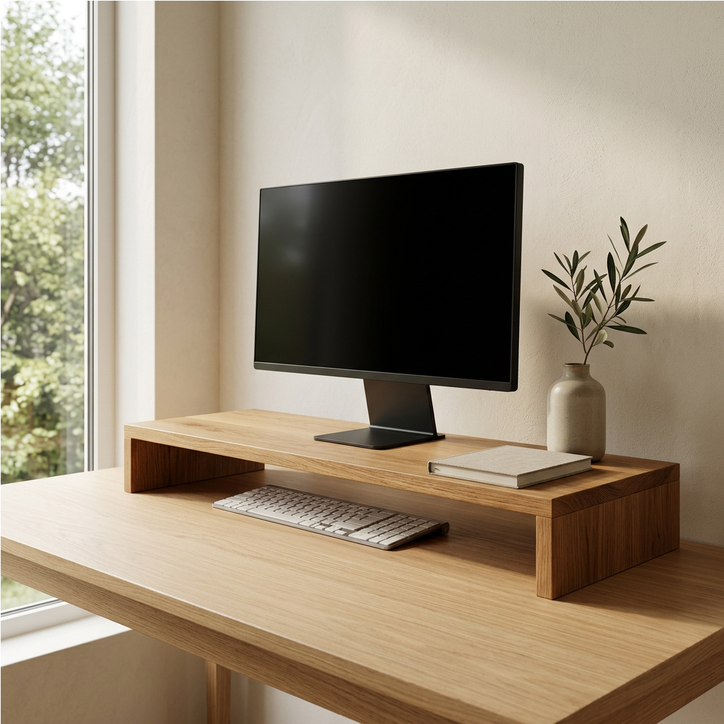 Laptop-Brücke aus massiver Eiche von Wildwuchs Möbel als Schreibtischaufsatz, ambient auf einem Arbeitsplatz dargestellt