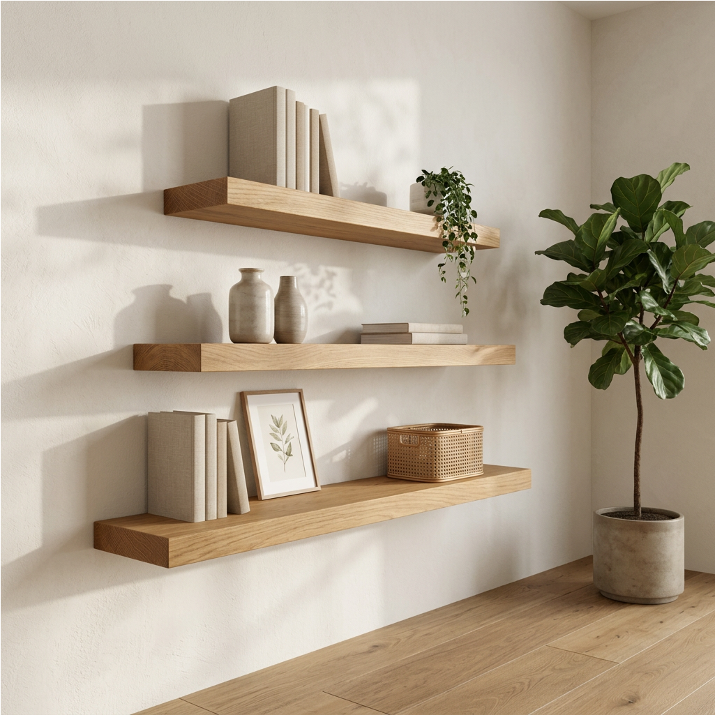 Dreiteiliges Wandregal-Set aus massiver Eiche von Wildwuchs Möbel an der Wand präsentiert