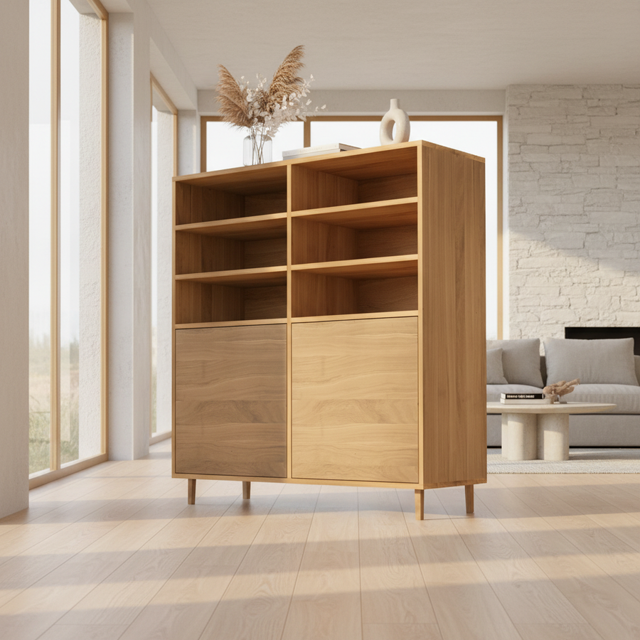 Hochschrank aus Eiche, natur geölt, 120cm breit, von Wildwuchs-Möbel, mit klaren Linien und natürlicher Holzoptik