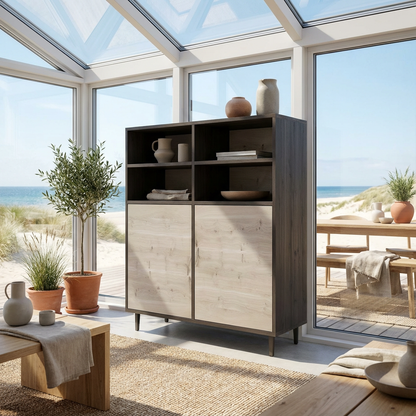 Highboard Eiche Rustikal - Schwarz/Weiss gewachst 120cm