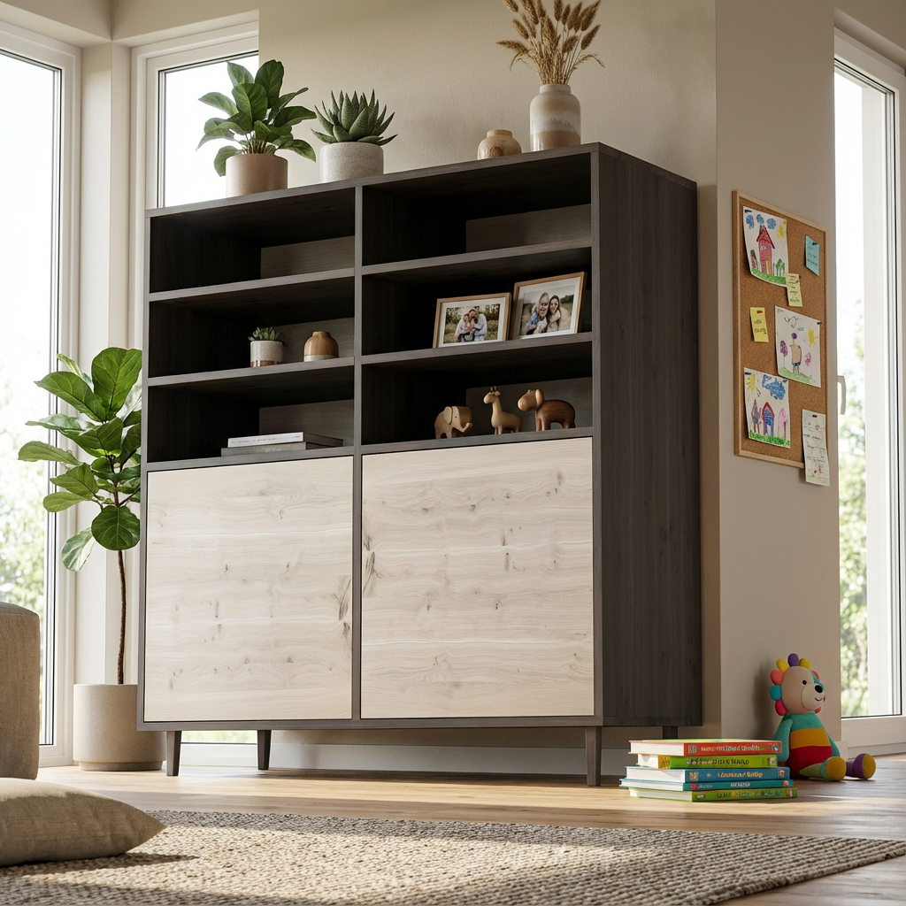 Highboard Eiche Rustikal - Schwarz/Weiss gewachst 120cm