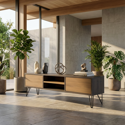 Lowboard Eiche Premium - Natur/Schwarz gewachst 150cm mit Stangenfuß