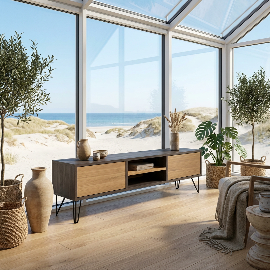 Lowboard Eiche Premium - Natur/Schwarz gewachst 150cm mit Stangenfuß