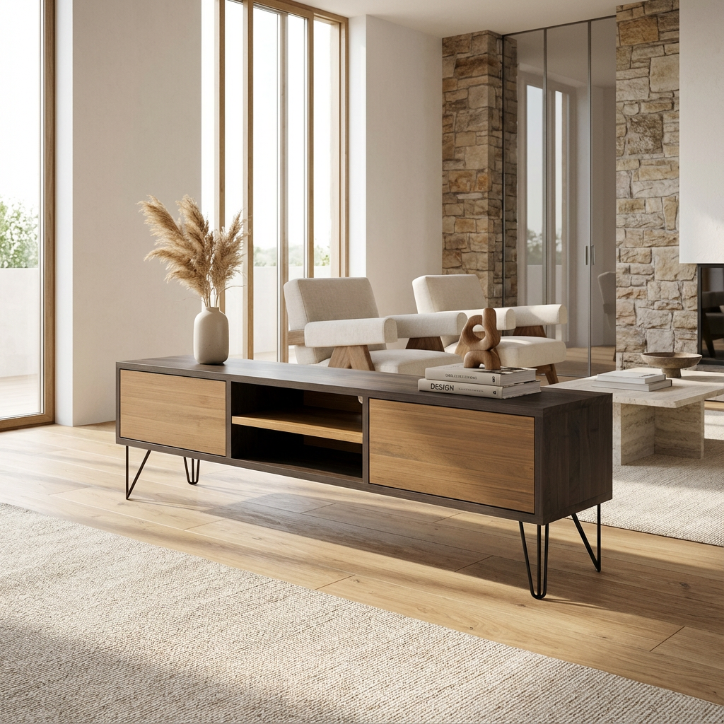 Lowboard Eiche Premium - Natur/Schwarz gewachst 150cm mit Stangenfuß