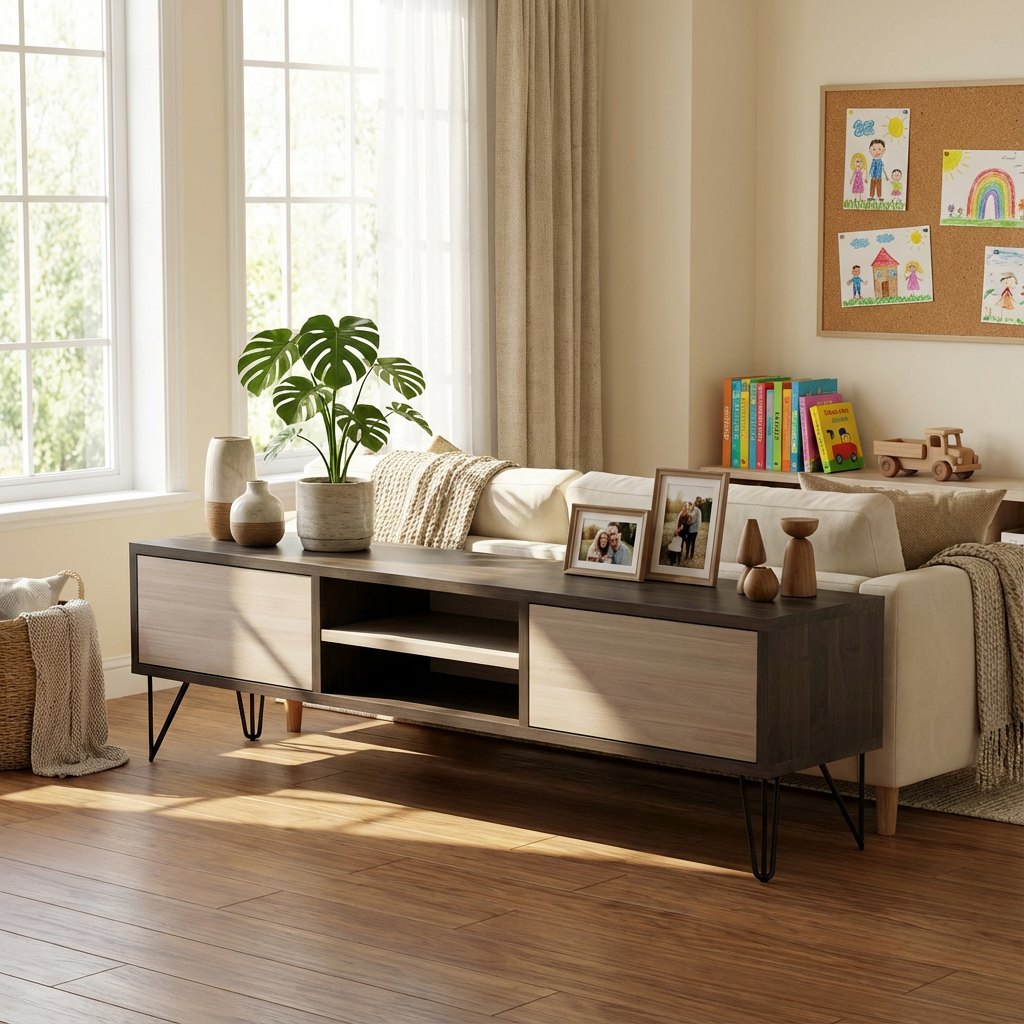 Lowboard Eiche Premium - Schwarz/Weiß gewachst 150cm mit Stangenfuß