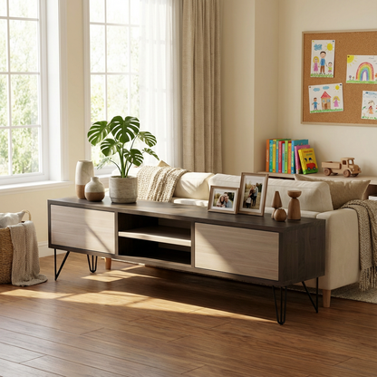 Lowboard Eiche Premium - Schwarz/Weiß gewachst 150cm mit Stangenfuß