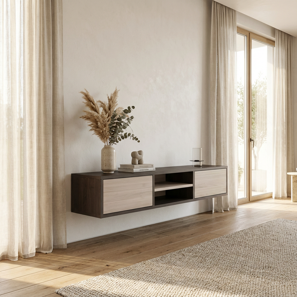 Lowboard Eiche Premium - Schwarz/Weiß gewachst 150cm mit Wandaufhängung