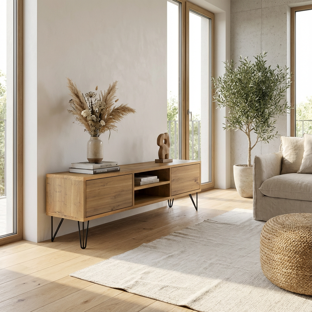 Lowboard in rustic oak, natural oiled finish, 150cm with sturdy metal legs by Wildwuchs-Möbel.