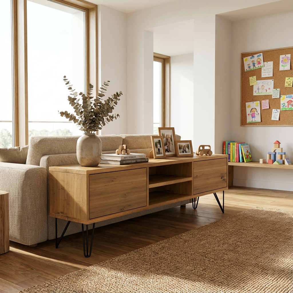 Lowboard in rustic oak, natural oiled finish, 150cm long, featuring stylish stangenfuß legs by Wildwuchs-Möbel.