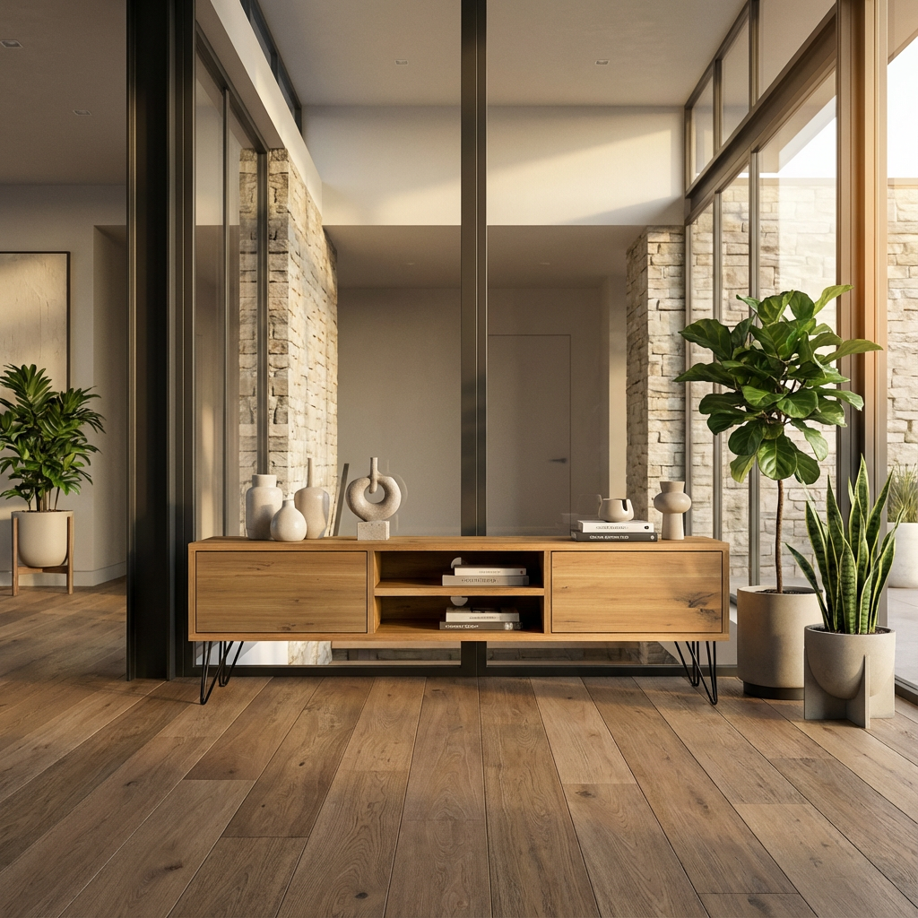 Lowboard aus Eiche rustikal, natur geölt, 150cm lang mit Stangenfuß von Wildwuchs-Möbel, in natürlichem Holzdesign.