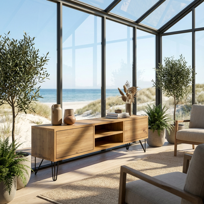 Lowboard Eiche Rustikal in Natur geölt, 150cm mit Stangenfuß von Wildwuchs-Möbel, zeigt Holzstruktur und stilvolles Design.