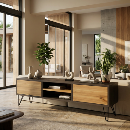 Lowboard Eiche Rustikal - Natur/Schwarz gewachst 150cm mit Stangenfuß