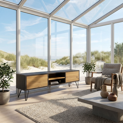 Lowboard Eiche Rustikal - Natur/Schwarz gewachst 150cm mit Stangenfuß