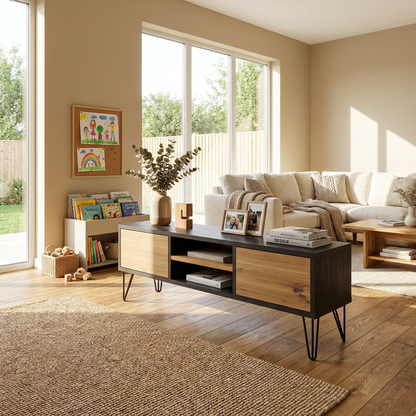 Lowboard Eiche Rustikal - Natur/Schwarz gewachst 150cm mit Stangenfuß