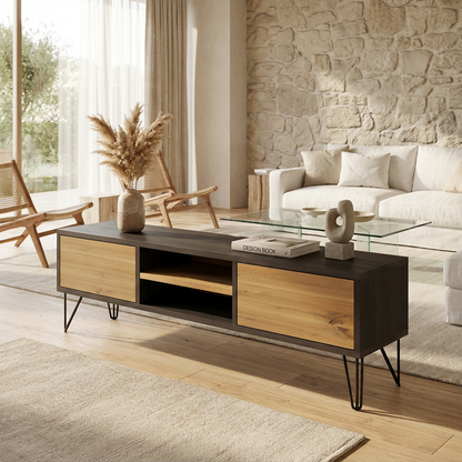 Lowboard Eiche Rustikal - Natur/Schwarz gewachst 150cm mit Stangenfuß