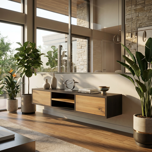 Lowboard Eiche Rustikal - Natur/Schwarz gewachst 150cm mit Wandaufhängung