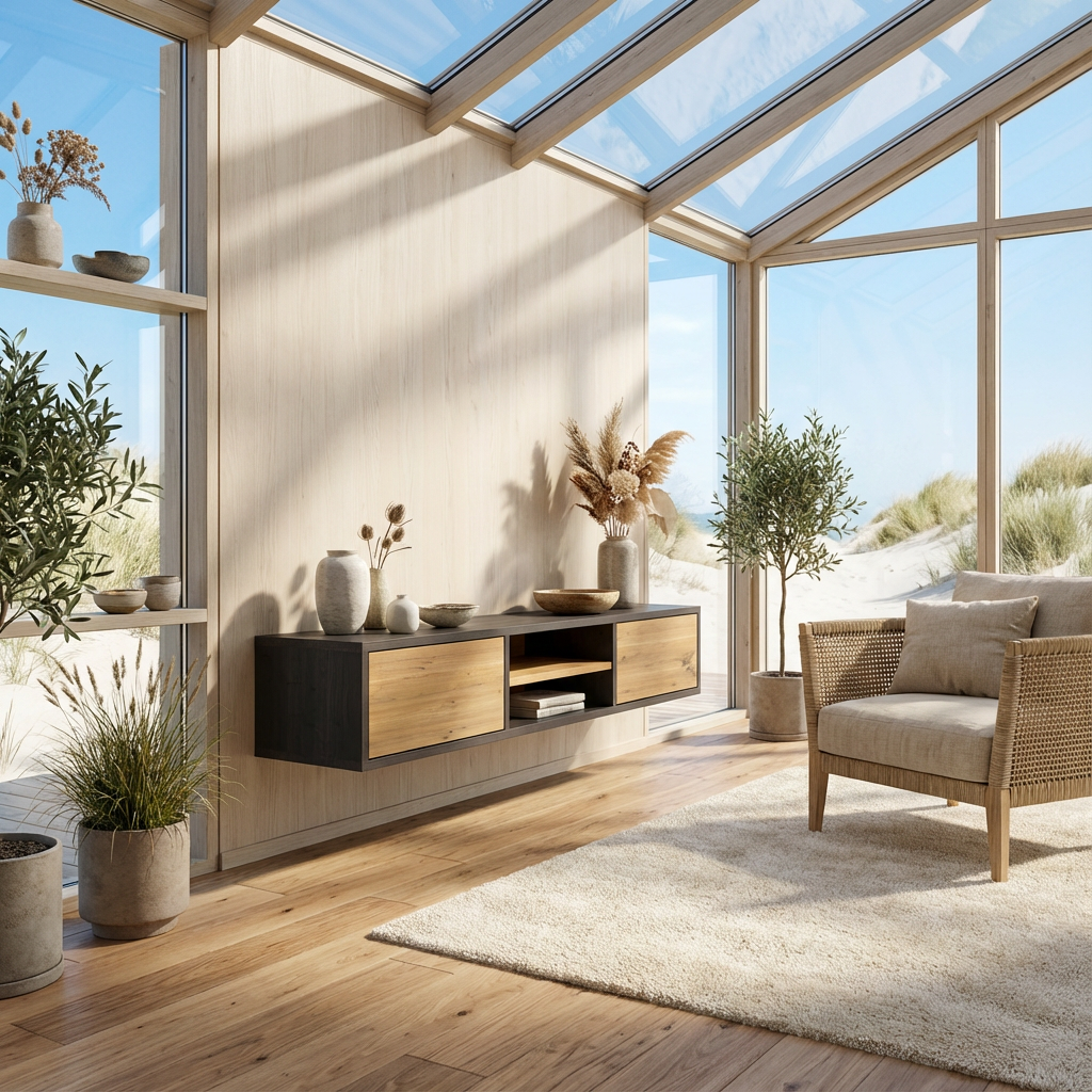 Lowboard Eiche Rustikal - Natur/Schwarz gewachst 150cm mit Wandaufhängung