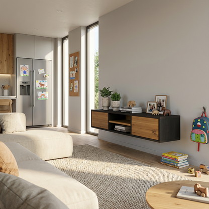 Lowboard Eiche Rustikal - Natur/Schwarz gewachst 150cm mit Wandaufhängung