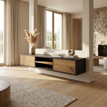 Lowboard Eiche Rustikal - Natur/Schwarz gewachst 150cm mit Wandaufhängung