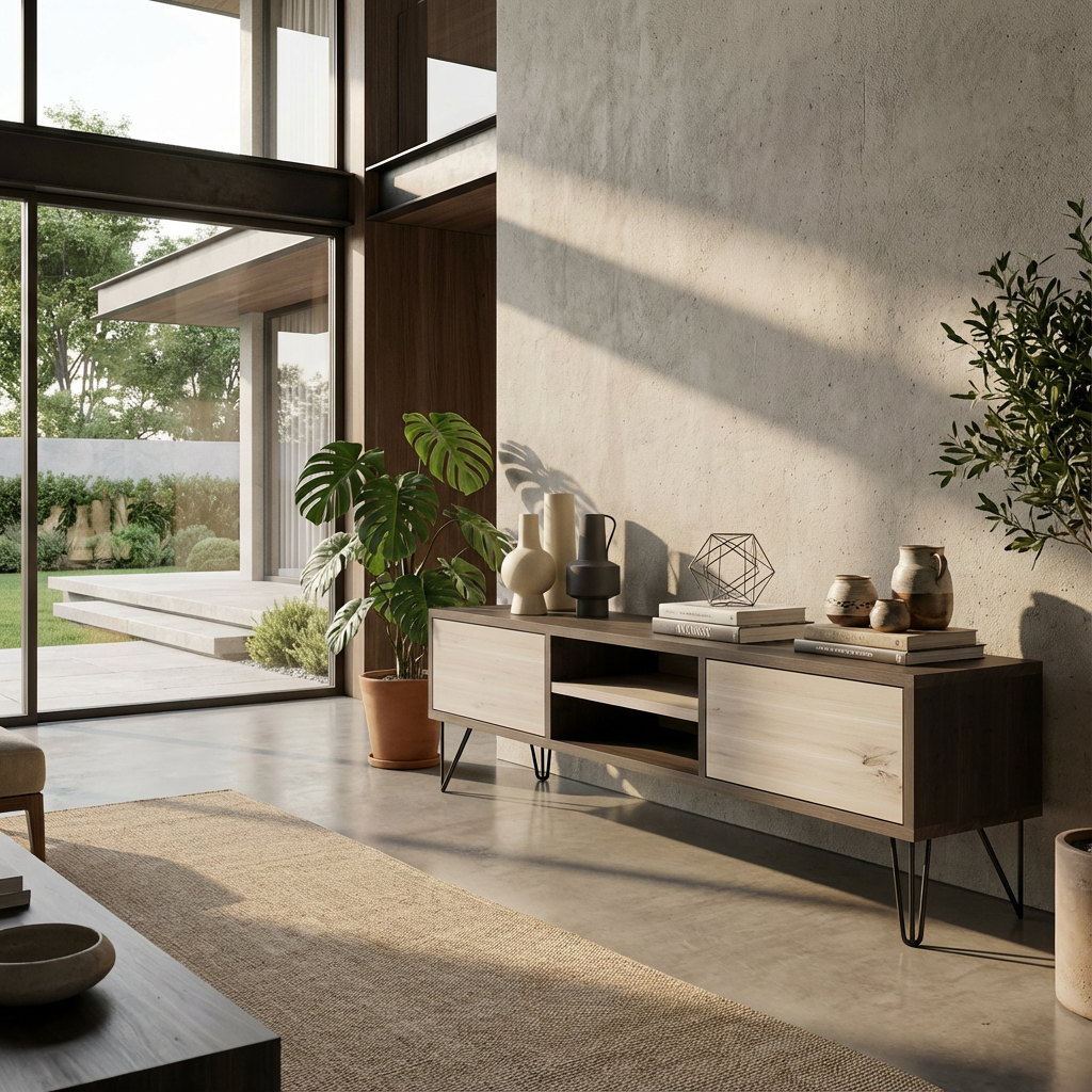 Lowboard Eiche Rustikal - Schwarz/weiß gewachst 150cm mit Stangenfuß