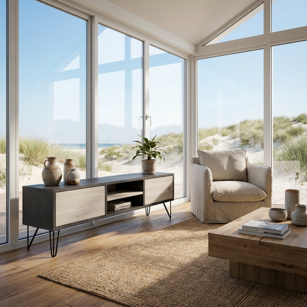 Lowboard Eiche Rustikal - Schwarz/weiß gewachst 150cm mit Stangenfuß