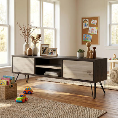 Lowboard Eiche Rustikal - Schwarz/weiß gewachst 150cm mit Stangenfuß