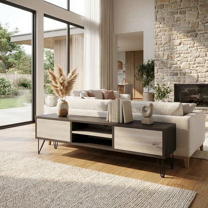 Lowboard Eiche Rustikal - Schwarz/weiß gewachst 150cm mit Stangenfuß