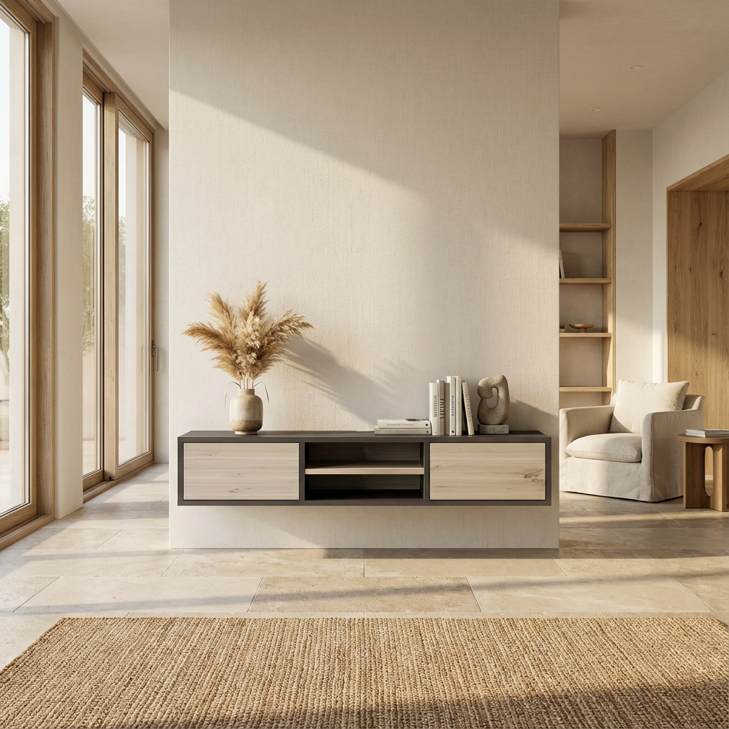 Rustic oak lowboard in black and white, 150cm with wall mounting, by Wildwuchs-Möbel, featuring a sleek design.