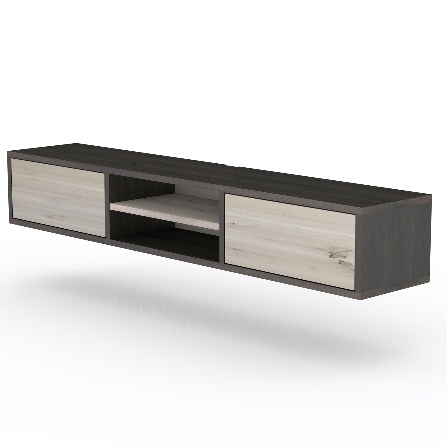 Lowboard in rustic oak with black and white finish, 150cm, featuring wall mount by Wildwuchs-Möbel.