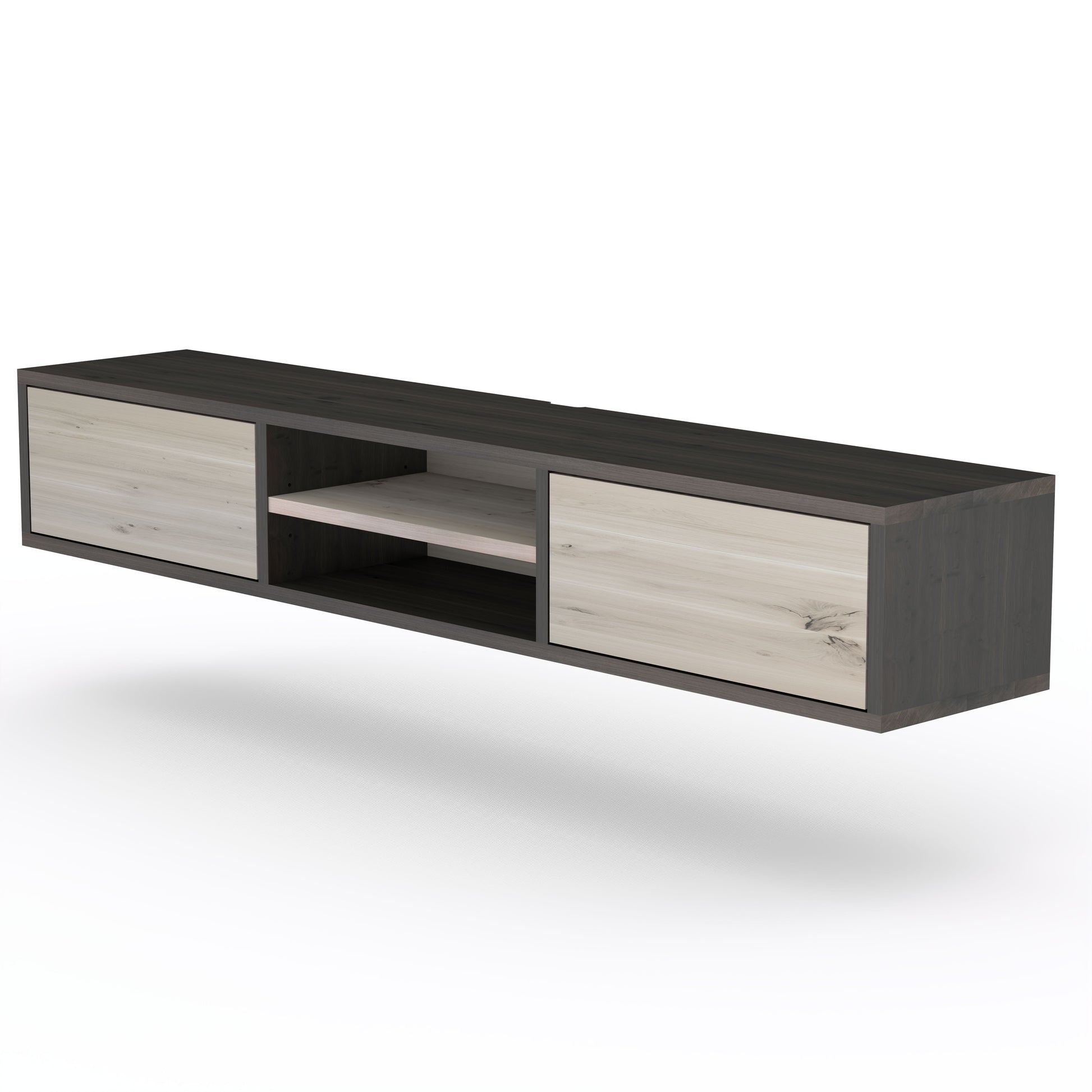 Lowboard in rustic oak with black and white finish, 150cm, featuring wall mount by Wildwuchs-Möbel.