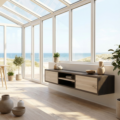 Rustic oak lowboard in black and white, 150cm with wall mounting, by Wildwuchs-Möbel, showcasing elegant wood grain.