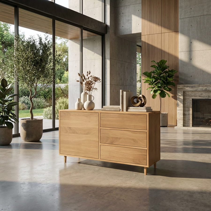 Helles Eiche Sideboard Wildwuchs-Möbel, naturgeölt, 120cm breit, mit Schubladen und Türen, modernes Design, hochwertiges Holz.