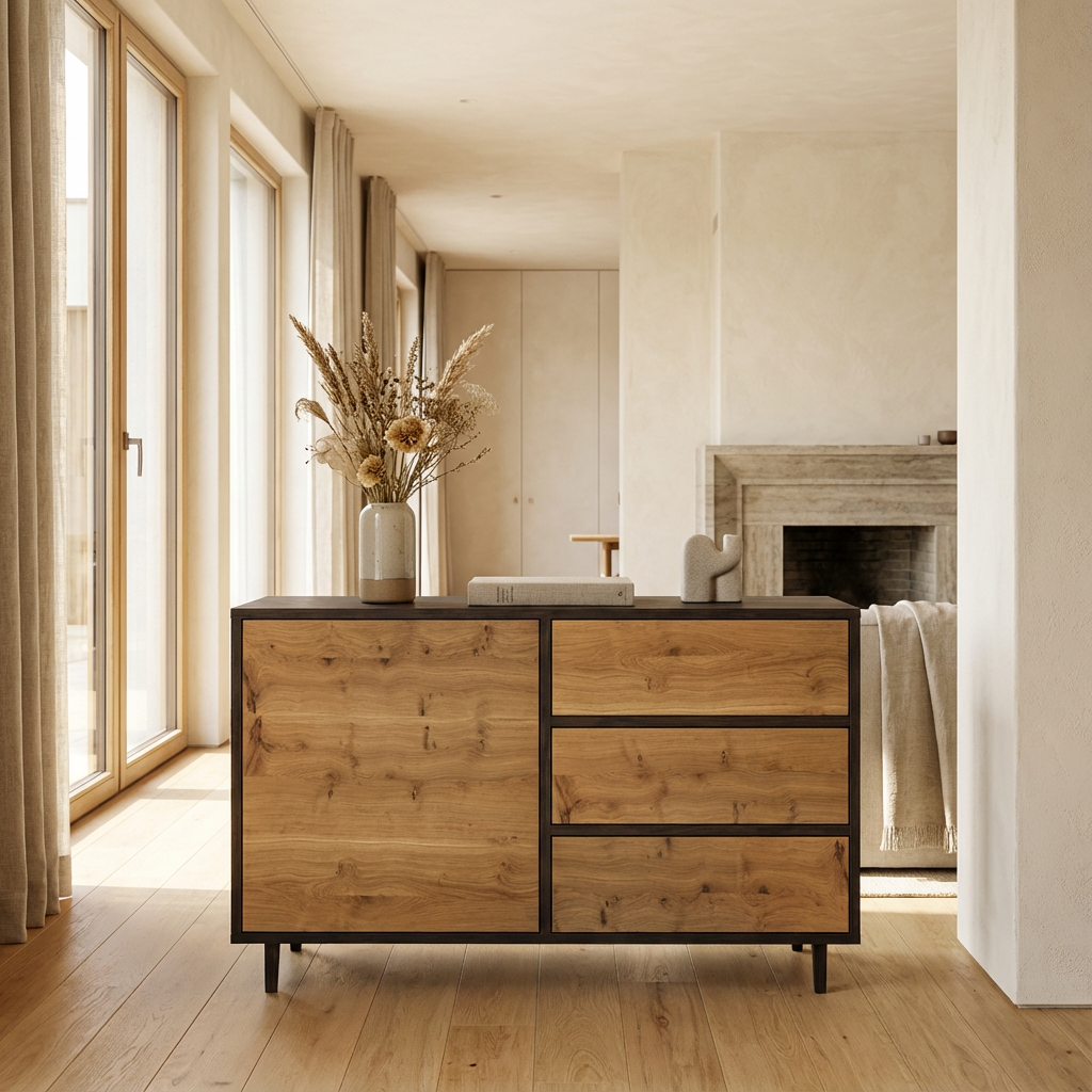 Sideboard Eiche Rustikal - Natur/Schwarz gewachst 120cm