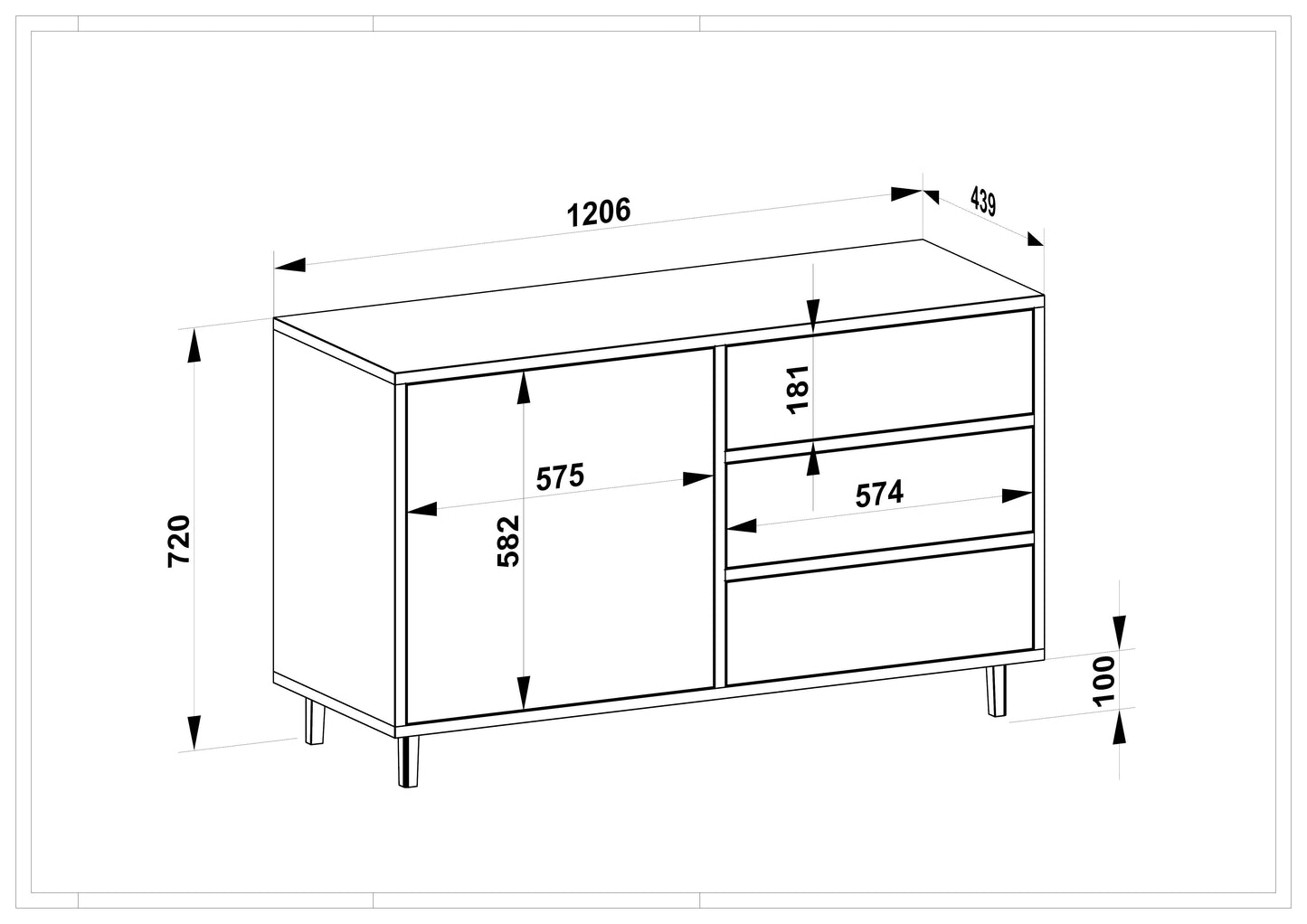 Sideboard Eiche Rustikal - Natur/Schwarz gewachst 120cm