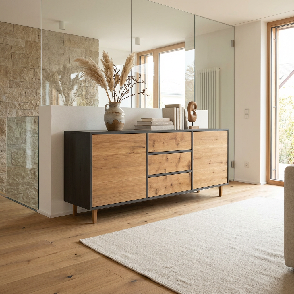 Sideboard Eiche Rustikal - Natur/Schwarz gewachst 180cm