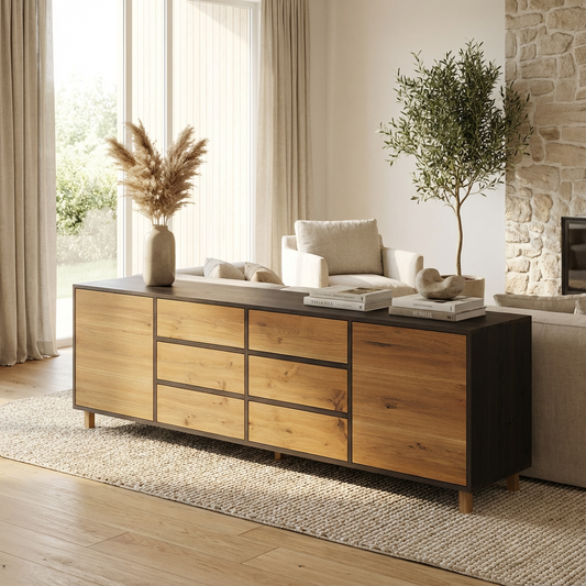 Sideboard Eiche Rustikal - Natur/Schwarz gewachst 240cm