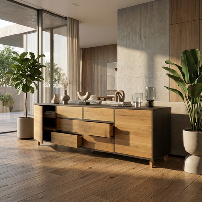 Sideboard Eiche Rustikal - Natur/Schwarz gewachst 240cm