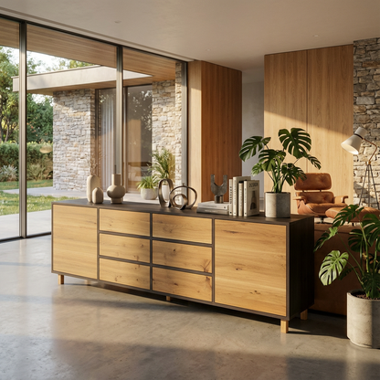 Sideboard Eiche Rustikal - Natur/Schwarz gewachst 240cm