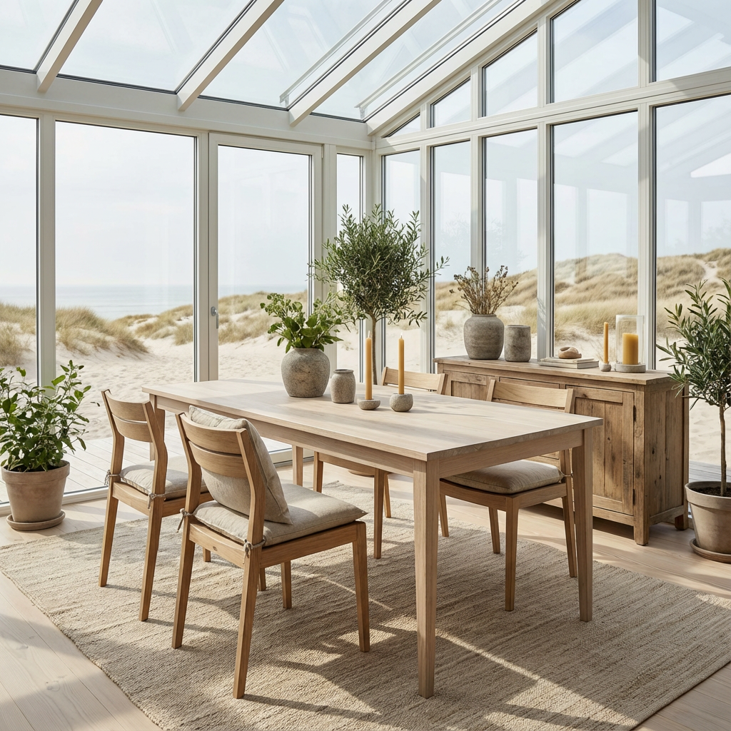 Heller Esstisch aus Eiche mit grauer Öl-Glasur, schlankem Holzfuß, langlebiges Premium-Möbel, ideal für Esszimmer.