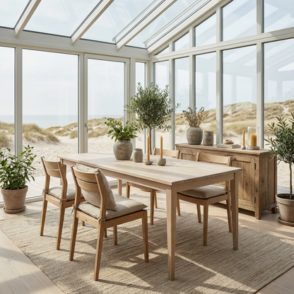 Heller Esstisch aus Eiche mit grauer Öl-Glasur, schlankem Holzfuß, langlebiges Premium-Möbel, ideal für Esszimmer.