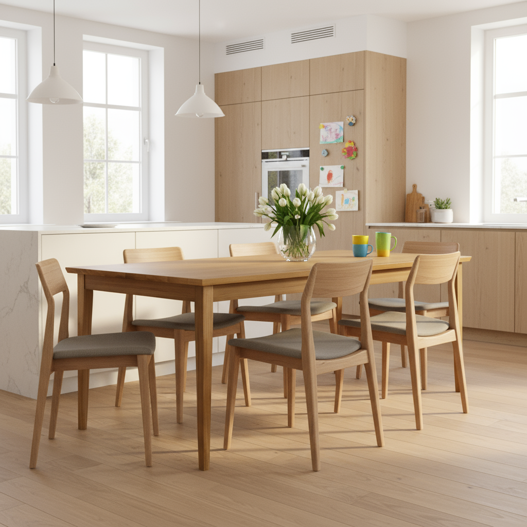 Großer Esstisch aus Eiche Premium in Reinform Natur, geölt, mit schlankem Holzfuß, naturbelassen und robust.