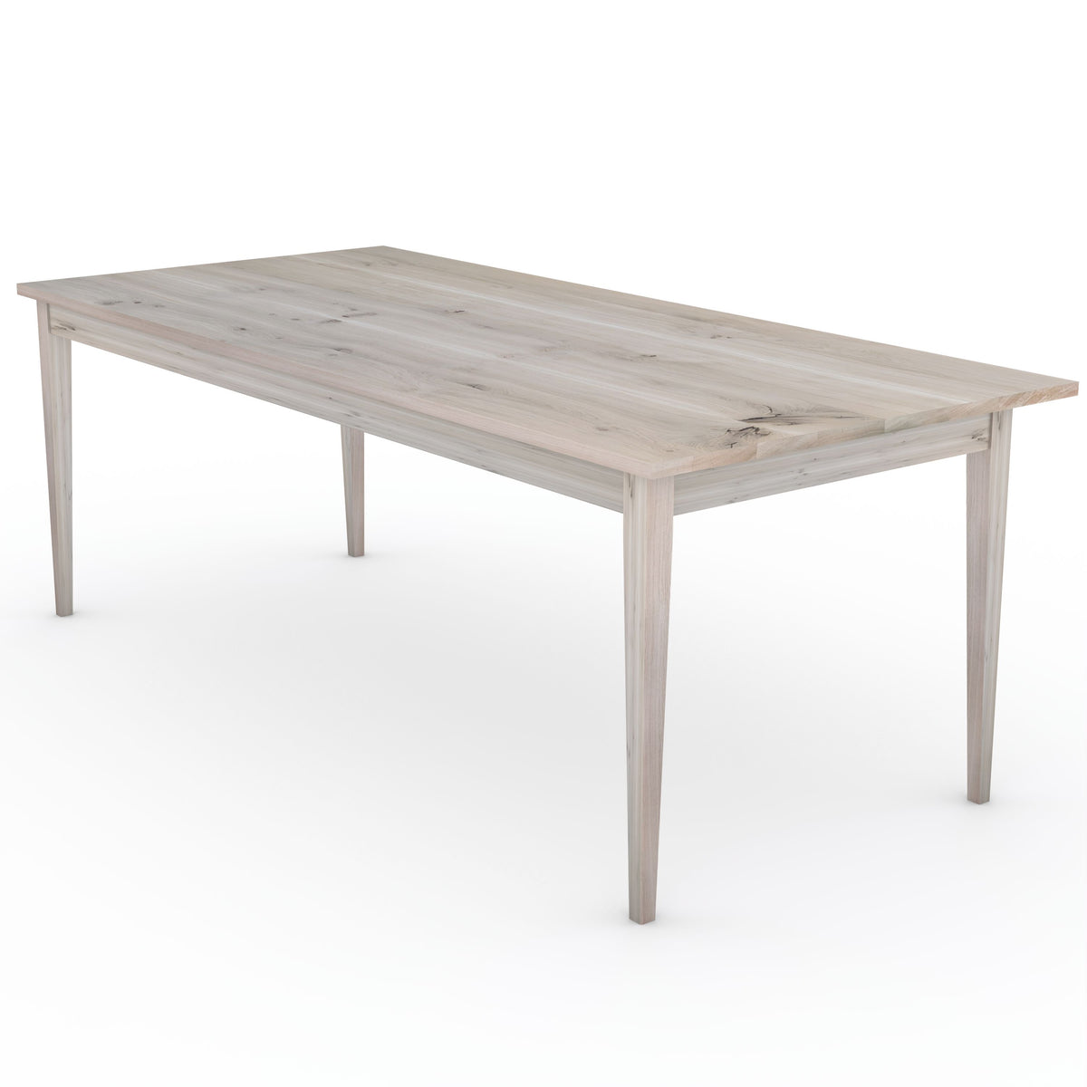 Rustikaler Esstisch aus Eiche mit grauer Ölung und schlankem Holzbein, von Wildwuchs-Möbel, 180cm x 80cm, robustes Design