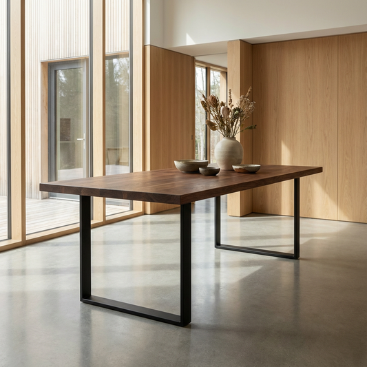 Braun gewachster Esstisch aus Eiche mit U-förmigem Fuß von Wildwuchs-Möbel in modernem Raum.