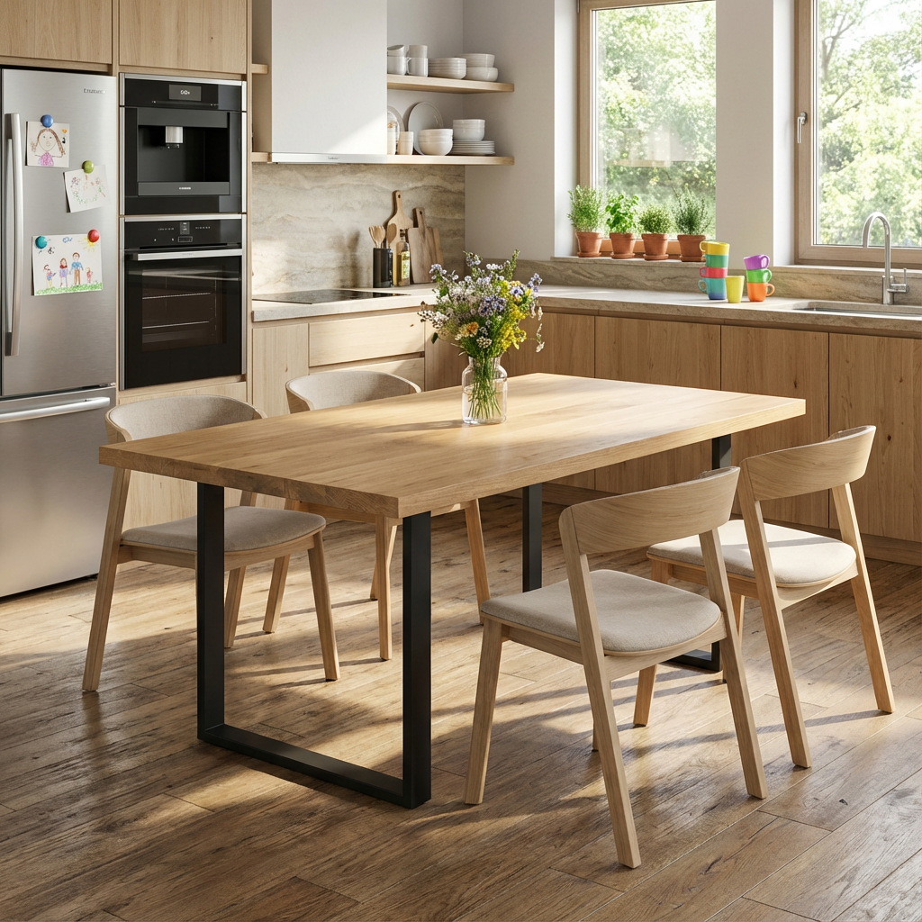 Esstisch aus Eiche von Wildwuchs-Möbel, naturgeölt, 180 cm lang, U-förmiger Fuß, elegantes Design für Esszimmer.