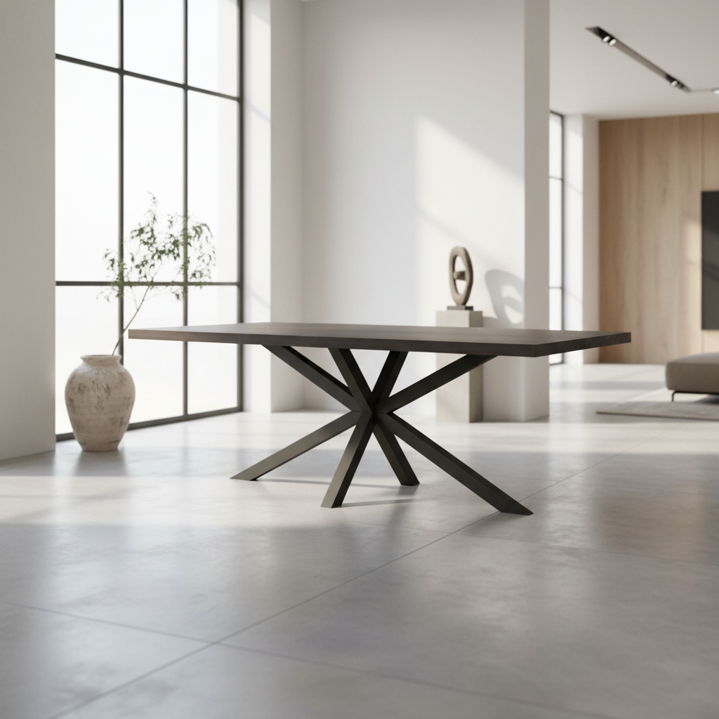 Esstisch aus Eiche von Wildwuchs-Möbel, schwarz geölt mit Fuß im Spidergestell-Design, 180 cm x 80 cm.