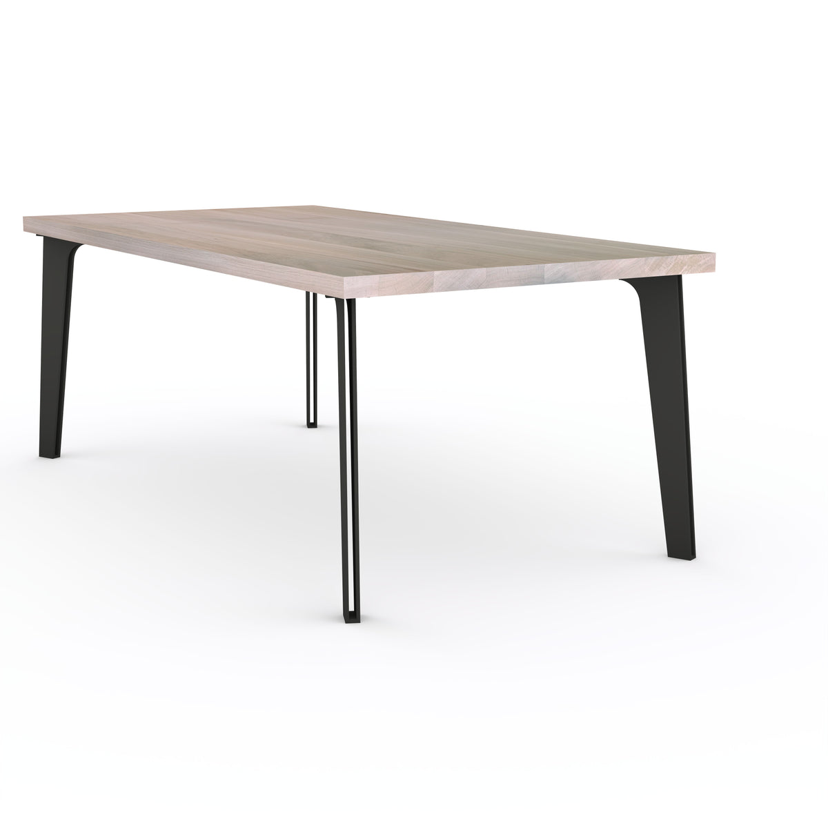 Esstisch aus Eiche, weiß geölt, mit massivem Stahlfuß und hohlem Bein, 180 cm x 80 cm, von Wildwuchs-Möbel