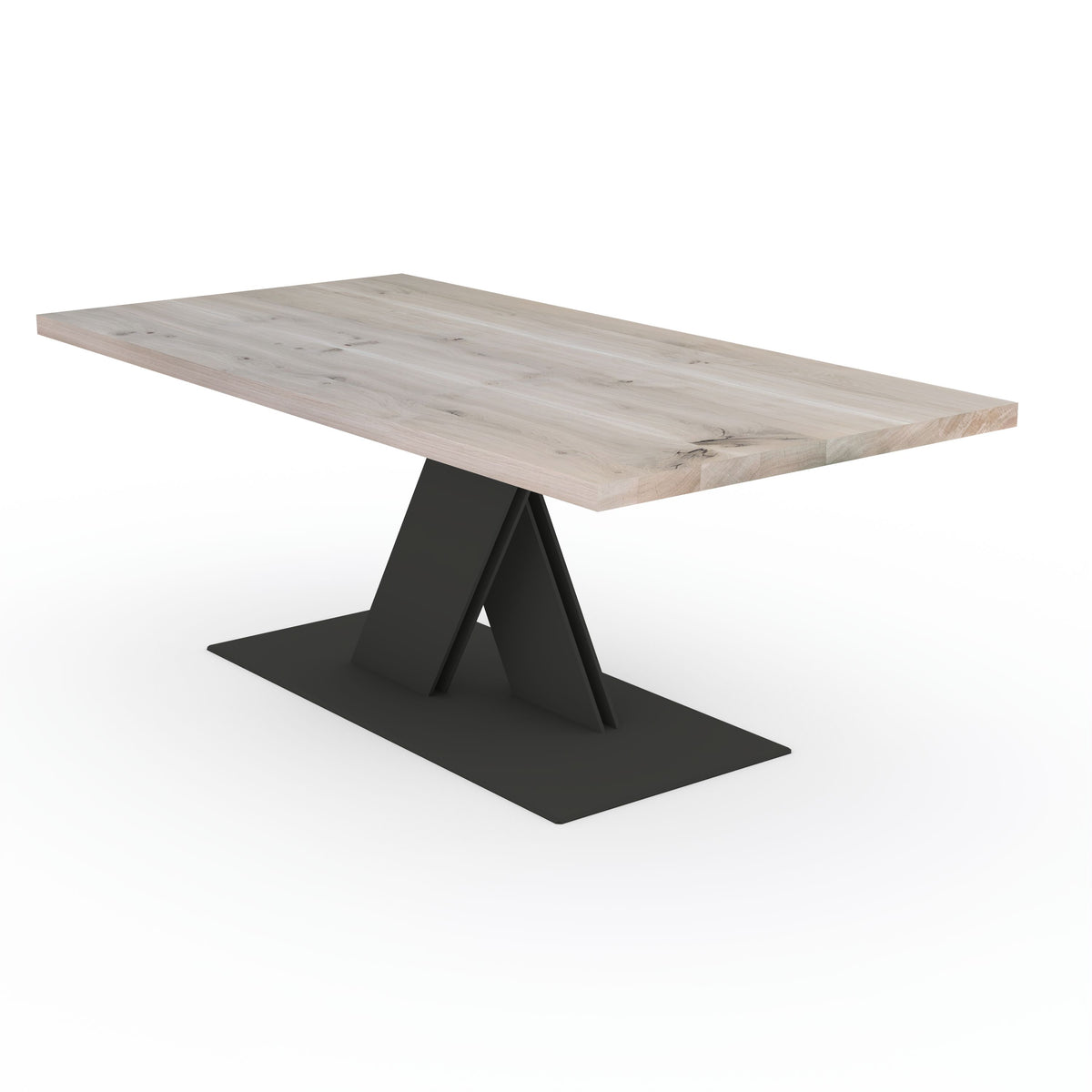 Rustikaler Esstisch aus Eiche mit grauer Ölung, massivem Stahl-Fuß im Flachen X-Design, von Wildwuchs-Möbel.
