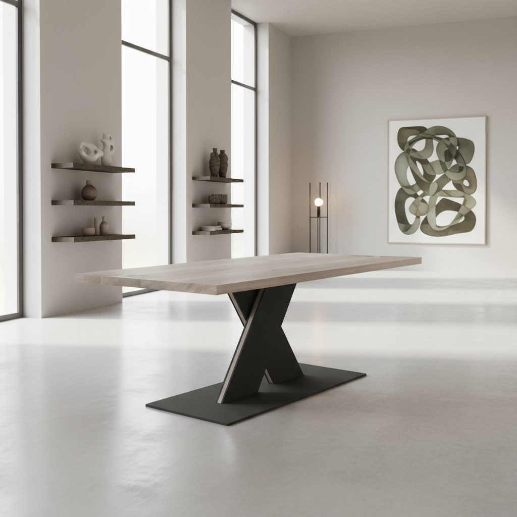 Rustikaler Esstisch aus geölter Eiche mit grauer Oberfläche, massiver Stahl-Fuß im flachen X-Design, von Wildwuchs-Möbel.